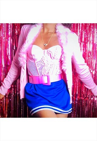 VINTAGE PINK FUR COLLAR CARDIGAN