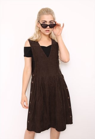 VINTAGE 90S BROWN CORD PINAFORE DRESS