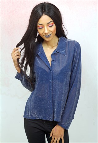1990S VINTAGE BLUE WITH GOLD GLITTER LUREX SEMI SHEER BLOUSE