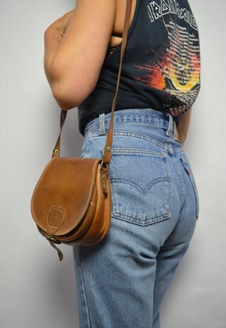 VINTAGE 70S TAN BROWN LEATHER SADDLE BAG SHOULDER BAG BOHO