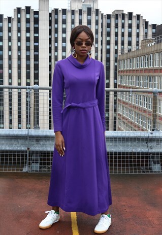 70S PURPLE LONG SLEEVE HIGH NECK MAXI DRESS