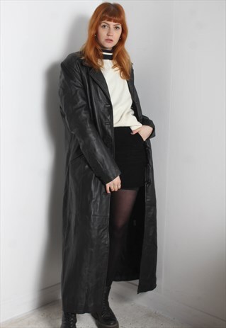 VINTAGE Y2K WOMENS LEATHER TRENCH COAT JACKET BLACK - MK