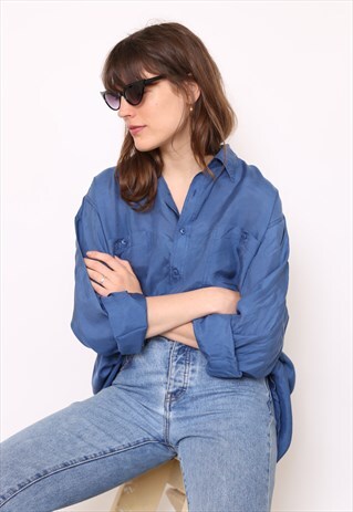 VINTAGE 90S BLUE SILK OVERSIZED BLOUSE SHIRT
