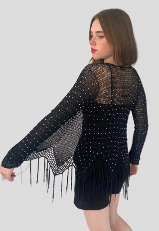 VINTAGE INDIA BOUTIQUE BLACK CROCHET SHEER CARDIGAN DIAMANTE