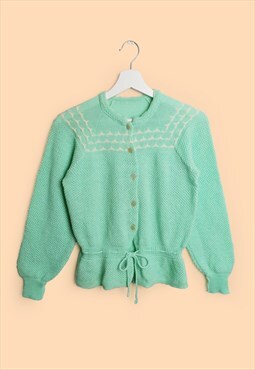 Vintage 70's 80's Mint Green Cottage Core Cardigan Hand Knit