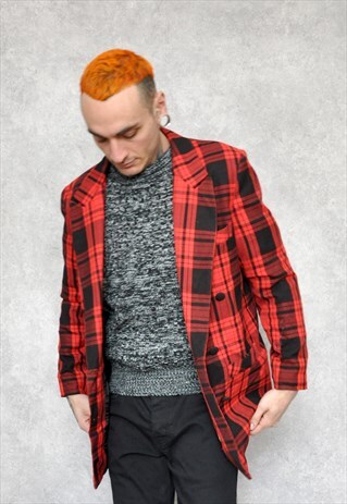 VINTAGE 1990S RED TARTAN GRUNGE LONGLINE BLAZER