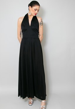 Vera Mont 70's Black Evening Halter Neck Maxi Dress