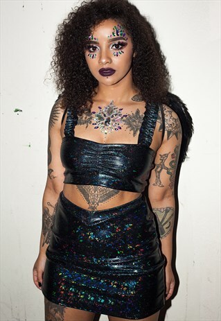 BLACK HOLOGRAPHIC RUFFLE CO-ORD