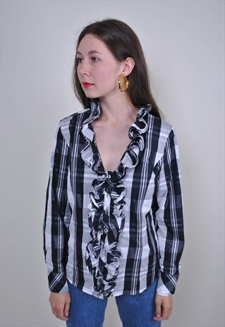 90S RUFFLED PALID BLOUSE WITH LONG SLEEVE, SIZE S