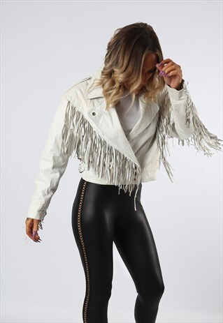 LEATHER FRINGE TASSEL JACKET VINTAGE UK 12 (BDP)