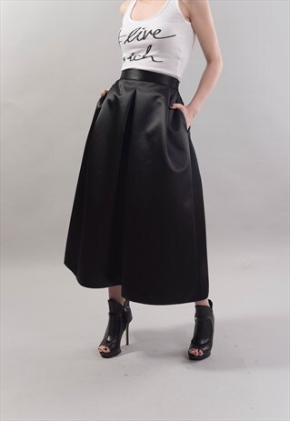 BLACK MIDI SKIRT BELTED PLEATED SATIN BLACK SKIRT F1818