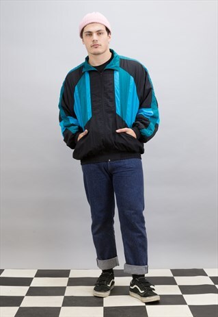VINTAGE 90'S BLACK AND TURQUOISE SHELL JACKET