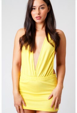 Yellow Halter V-Neck Backless Mini Dress Tie-Up Cleavage 