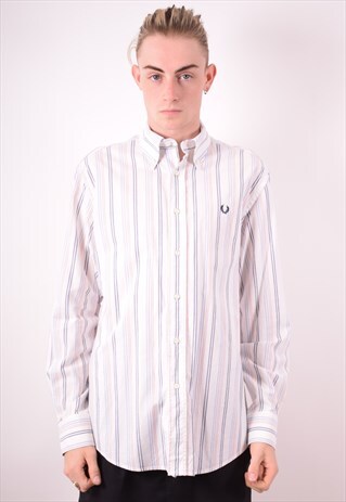 FRED PERRY MENS VINTAGE SHIRT LARGE WHITE STRIPES 90S
