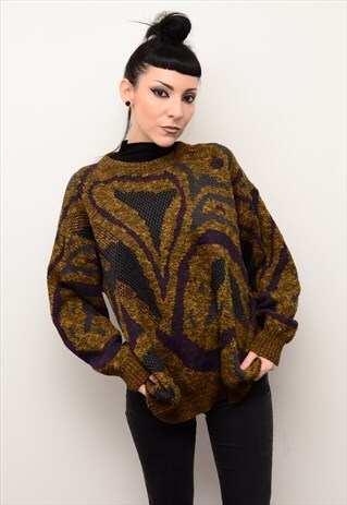 VINTAGE 90'S WAVY HIPSTER MUSTARD PATTERNED SLOUCHY JUMPER