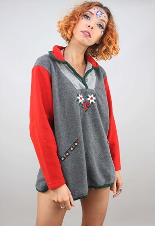 VINTAGE 90S OVERSIZED 1/4 ZIP GREY RED FLEECE EMBROIDERED