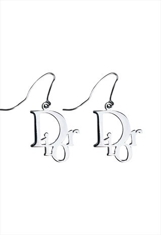 DIOR EARRINGS SILVER LOGO MONOGRAM METAL DANGLE HOOK VINTAGE