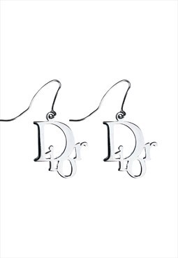 Dior Earrings Silver Logo Monogram Metal Dangle Hook Vintage