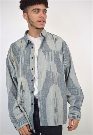 VINTAGE 90S BLUE GREY GRAIN PRINT SHIRT
