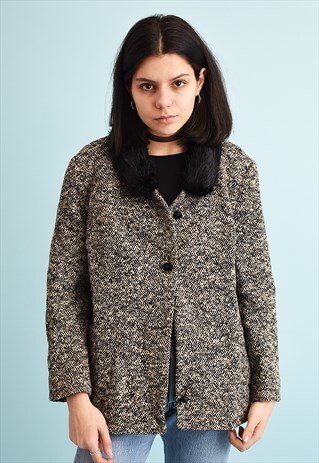 60'S RETRO TWEED ELEGANT FAUX FUR DETAILED OUTWEAR JACKET