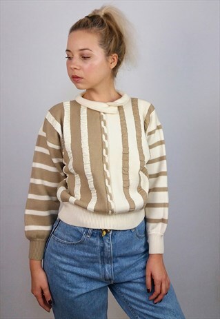 BLEYLE VINTAGE 80'S VIRGIN WOOL KNIT TOP CREAM AND BROWN