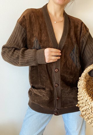 VINTAGE 90S OVERSIZED SUEDE & KNIT DADS CARDIGAN JACKET