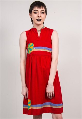 VINTAGE 90'S RED BEACH PRINT MIDI SUN DRESS