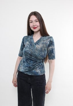 Vintage 00s paisley blouse, stretch blouse, blue boho blouse