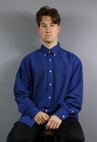 VINTAGE YSL BUTTON UP SHIRT IN BLUE WITH EMBROIDERED LOGO. S