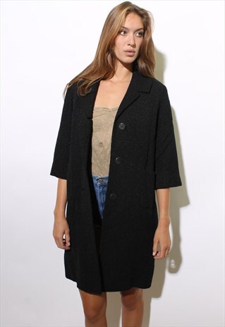 VINTAGE 1980'S 80'S TEXTURED BLACK METALLIC BOXY COAT M-L