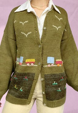 Vintage 80s Pachamama Style Kitsch Scenery Chunky Cardigan L