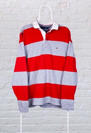 VINTAGE TOMMY HILFIGER RUGBY POLO SHIRT STRIPED RED GREY M