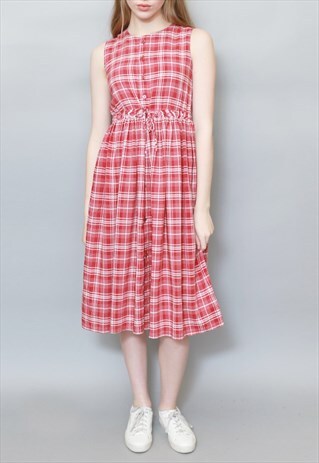 VINTAGE 1990S RED AND WHITE TARTAN MIDI DRESS