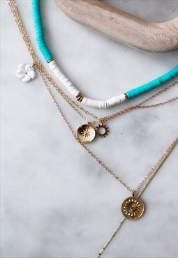 Gold Turquoise Bead Coin Layered Charm Pendant Necklace