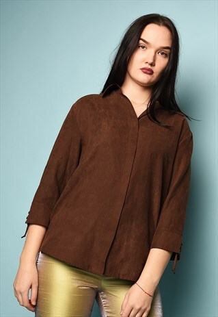 Y2K RETRO MINIMALIST FAUX SUEDE SHIRT TOP IN BROWN