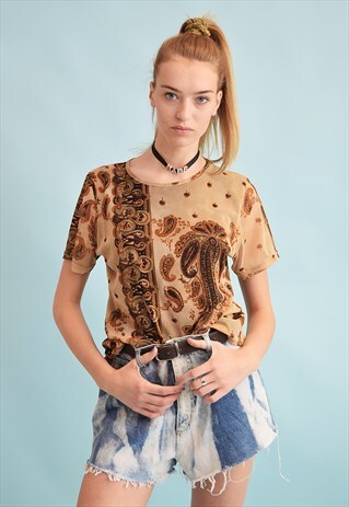 90'S RETRO PAISLEY PRINT KITSCH MESH TEEN PARTY TOP
