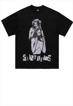 Saint print t-shirt grunge punk tee retro Jesus top in black