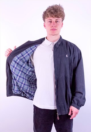 VINTAGE RALPH LAUREN CHECK LINED HARRINGTON JACKET BLACK XXL