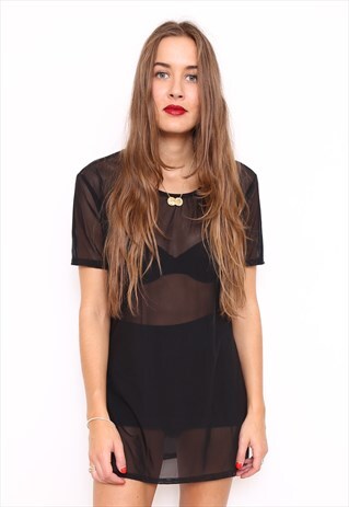 BLACK MESH SHEER MINI T-SHIRT DRESS