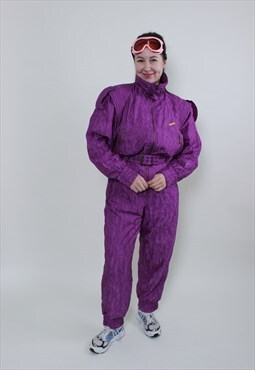 Women one piece ski suit, retro pattern 80s snowsuit, size M