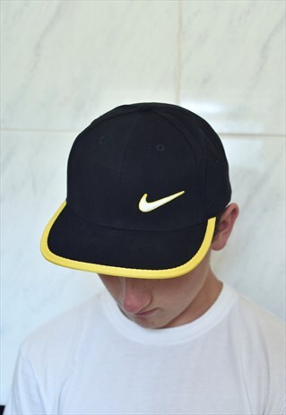 DEADSTOCK VINTAGE 90S NIKE HAT CAP SWOOSH TICK BLACK YELLOW