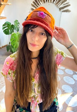 Vintage 90's Knitted Floral Hippie Hat - ONE SIZE