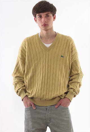 VINTAGE LACOSTE SWEATER V-NECK 90S YELLOW CABLE KNITTED