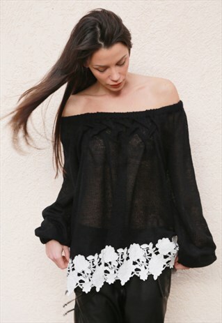 TUNIC LEATHER LACE SWEATER KNITWEAR DRESS PULLOVER F1566