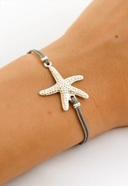Starfish bracelet, grey cord with silver sea star charm