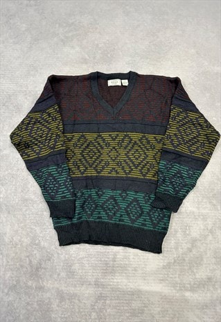 VINTAGE KNITTED JUMPER ABSTRACT PATTERNED V-NECK SWEATER