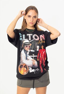 Elton John Unisex Printed T-Shirt in Black