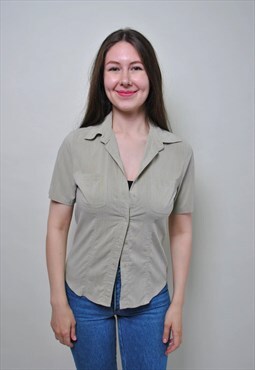 Vintage casual blouse, minimalist button up shirt