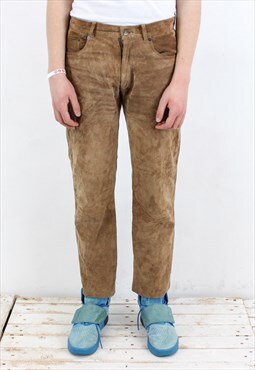 Vintage Trouser Men W35 L31 Faux Leather Suede Pants Bottoms