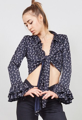 VINTAGE 90'S BELL SLEEVED BLACK FLORAL BLOUSE